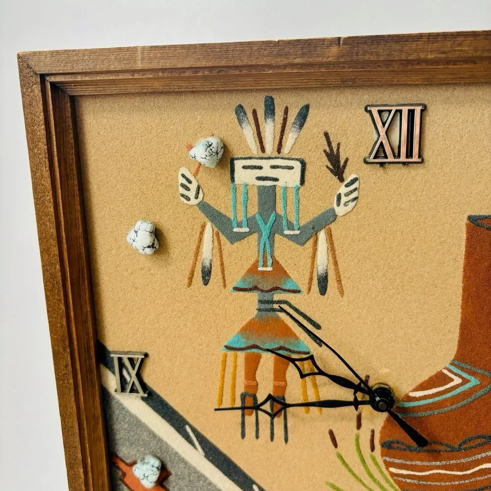 Vintage‎ Native American Navajo Turquoise Stones Sand Painting Art Clock VTG